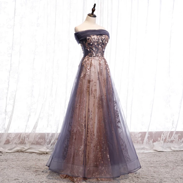 Chic / Beautiful Grape Champagne Evening Dresses  2020 A-Line / Princess Off-The-Shoulder Short Sleeve Beading Glitter Tulle Floor-Length / Long Ruffle Backless Formal Dresses
