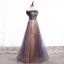 Chic / Beautiful Grape Champagne Evening Dresses  2020 A-Line / Princess Off-The-Shoulder Short Sleeve Beading Glitter Tulle Floor-Length / Long Ruffle Backless Formal Dresses