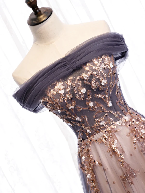 Chic / Beautiful Grape Champagne Evening Dresses  2020 A-Line / Princess Off-The-Shoulder Short Sleeve Beading Glitter Tulle Floor-Length / Long Ruffle Backless Formal Dresses