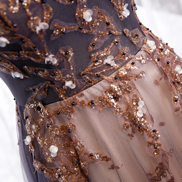 Chic / Beautiful Grape Champagne Evening Dresses  2020 A-Line / Princess Off-The-Shoulder Short Sleeve Beading Glitter Tulle Floor-Length / Long Ruffle Backless Formal Dresses