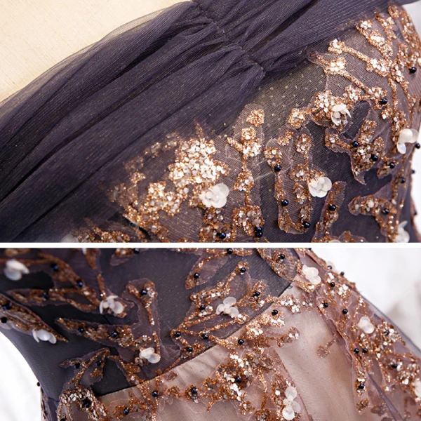 Chic / Beautiful Grape Champagne Evening Dresses  2020 A-Line / Princess Off-The-Shoulder Short Sleeve Beading Glitter Tulle Floor-Length / Long Ruffle Backless Formal Dresses