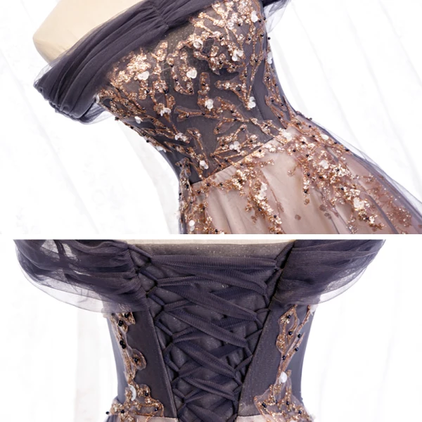 Chic / Beautiful Grape Champagne Evening Dresses  2020 A-Line / Princess Off-The-Shoulder Short Sleeve Beading Glitter Tulle Floor-Length / Long Ruffle Backless Formal Dresses