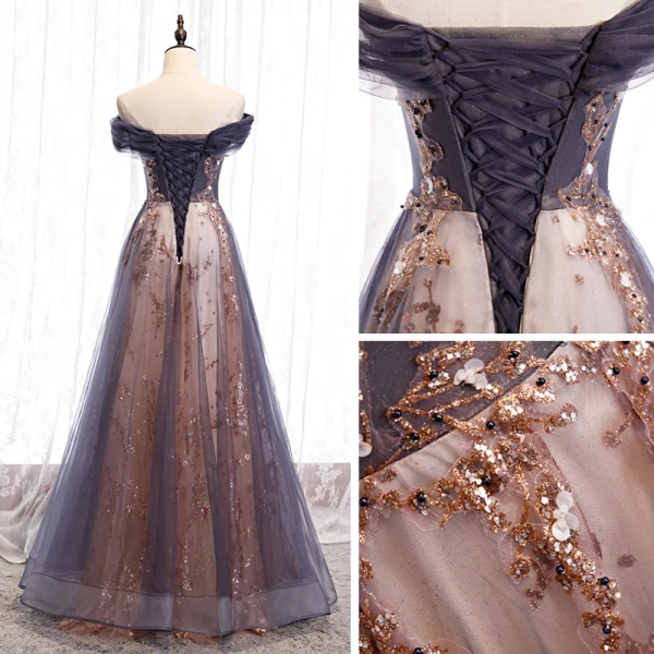 Chic / Beautiful Grape Champagne Evening Dresses  2020 A-Line / Princess Off-The-Shoulder Short Sleeve Beading Glitter Tulle Floor-Length / Long Ruffle Backless Formal Dresses