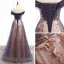Chic / Beautiful Grape Champagne Evening Dresses  2020 A-Line / Princess Off-The-Shoulder Short Sleeve Beading Glitter Tulle Floor-Length / Long Ruffle Backless Formal Dresses