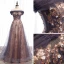 Chic / Beautiful Grape Champagne Evening Dresses  2020 A-Line / Princess Off-The-Shoulder Short Sleeve Beading Glitter Tulle Floor-Length / Long Ruffle Backless Formal Dresses