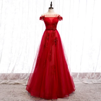 Chic Belle Rouge Robe De Soirée 2020 Princesse De L 039 Épaule Manches Courtes Ceinture Appliques En Dentelle Perlage Longue Volants Dos Nu Robe De Ceremonie