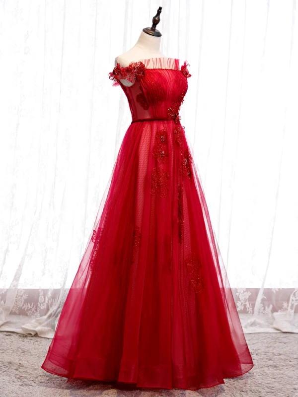 Chic / Belle Rouge Robe De Soirée 2020 Princesse De l'épaule Manches Courtes Ceinture Appliques En Dentelle Perlage Longue Volants Dos Nu Robe De Ceremonie