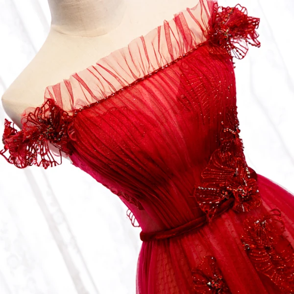 Chic / Belle Rouge Robe De Soirée 2020 Princesse De l'épaule Manches Courtes Ceinture Appliques En Dentelle Perlage Longue Volants Dos Nu Robe De Ceremonie