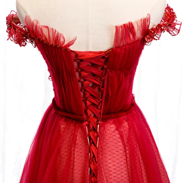 Chic / Belle Rouge Robe De Soirée 2020 Princesse De l'épaule Manches Courtes Ceinture Appliques En Dentelle Perlage Longue Volants Dos Nu Robe De Ceremonie