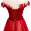 Chic / Belle Rouge Robe De Soirée 2020 Princesse De l'épaule Manches Courtes Ceinture Appliques En Dentelle Perlage Longue Volants Dos Nu Robe De Ceremonie