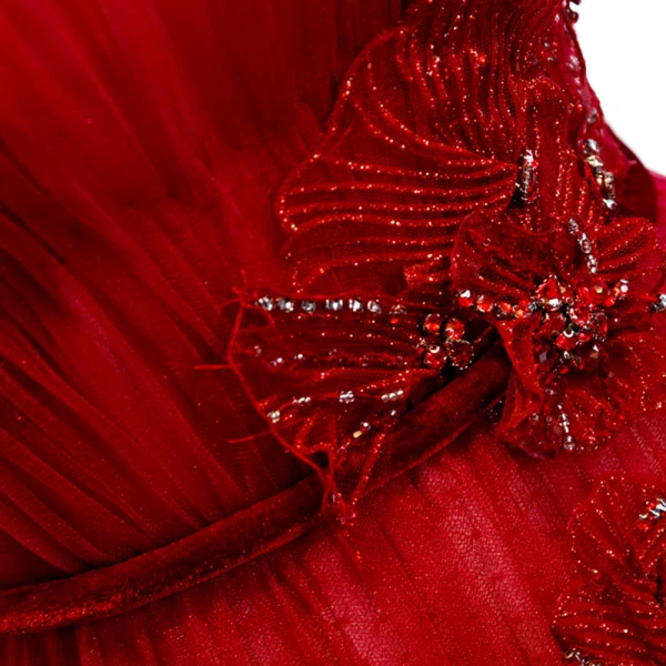 Chic / Belle Rouge Robe De Soirée 2020 Princesse De l'épaule Manches Courtes Ceinture Appliques En Dentelle Perlage Longue Volants Dos Nu Robe De Ceremonie