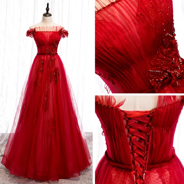 Chic / Belle Rouge Robe De Soirée 2020 Princesse De l'épaule Manches Courtes Ceinture Appliques En Dentelle Perlage Longue Volants Dos Nu Robe De Ceremonie