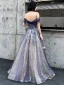 Elegant Navy Blue Gold Evening Dresses  2020 A-Line / Princess Off-The-Shoulder Short Sleeve Glitter Tulle Beading Floor-Length / Long Ruffle Backless Formal Dresses