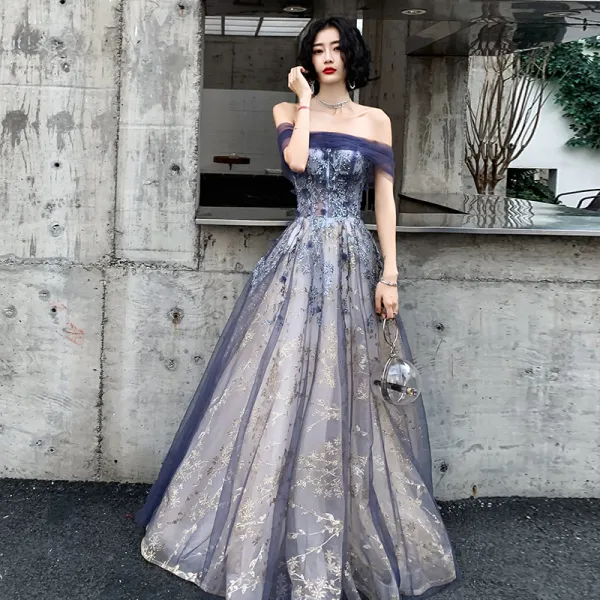 Elegant Navy Blue Gold Evening Dresses 2020 A Line Princess Off The Shoulder Short Sleeve Glitter Tulle Beading Floor Length Long Ruffle Backless Formal Dresses
