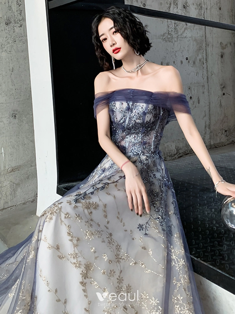 Elegant Navy Blue Gold Evening Dresses 2020 A Line Princess Off The  Shoulder Short Sleeve Glitter Tulle Beading Floor Length Long Ruffle  Backless Formal Dresses