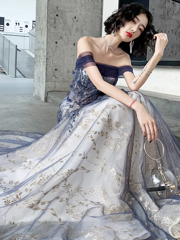 Elegant Navy Blue Gold Evening Dresses  2020 A-Line / Princess Off-The-Shoulder Short Sleeve Glitter Tulle Beading Floor-Length / Long Ruffle Backless Formal Dresses