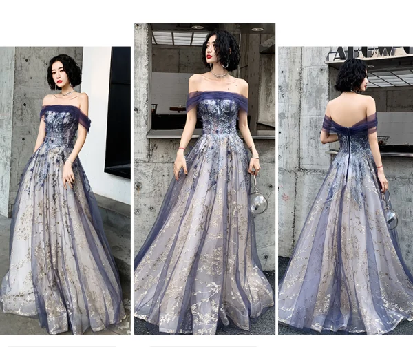Elegant Navy Blue Gold Evening Dresses  2020 A-Line / Princess Off-The-Shoulder Short Sleeve Glitter Tulle Beading Floor-Length / Long Ruffle Backless Formal Dresses