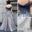 Elegant Navy Blue Gold Evening Dresses  2020 A-Line / Princess Off-The-Shoulder Short Sleeve Glitter Tulle Beading Floor-Length / Long Ruffle Backless Formal Dresses