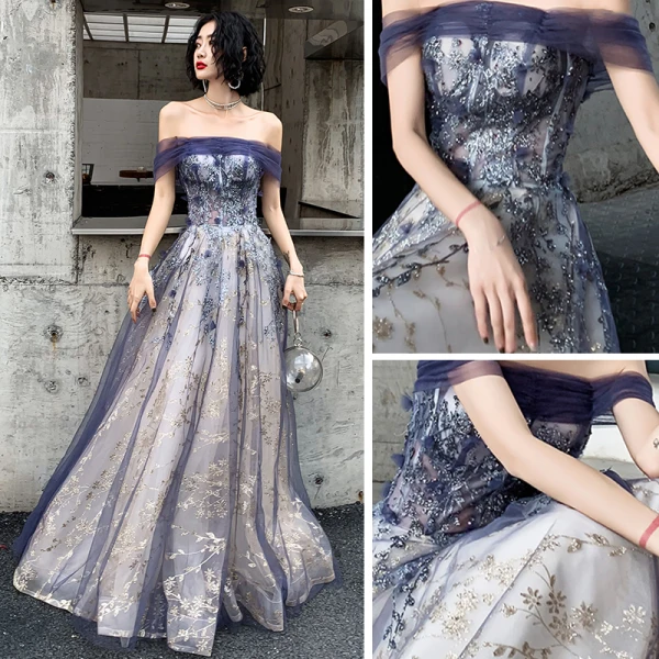 Elegant Navy Blue Gold Evening Dresses  2020 A-Line / Princess Off-The-Shoulder Short Sleeve Glitter Tulle Beading Floor-Length / Long Ruffle Backless Formal Dresses