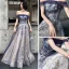 Elegant Navy Blue Gold Evening Dresses  2020 A-Line / Princess Off-The-Shoulder Short Sleeve Glitter Tulle Beading Floor-Length / Long Ruffle Backless Formal Dresses
