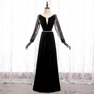 Abordable Noire Velour Robe De Soirée 2020 Princesse Transparentes Col V Profond Gonflée Manches Longues Perlage Ceinture Train De Balayage Volants Dos Nu Robe De Ceremonie