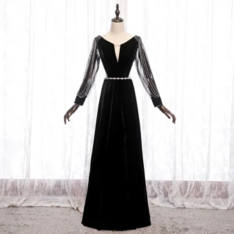 Abordable Noire Velour Robe De Soirée 2020 Princesse Transparentes Col V Profond Gonflée Manches Longues Perlage Ceinture Train De Balayage Volants Dos Nu Robe De Ceremonie