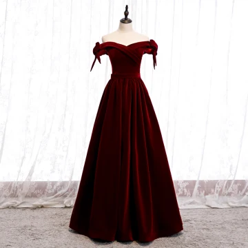 Abordable Bordeaux Velour Hiver Robe De Soirée 2020 Princesse De L Épaule Noeud Manches Courtes Ceinture Longue Dos Nu Robe De Ceremonie