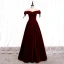 Affordable Burgundy Velour Winter Evening Dresses  2020 A-Line / Princess Off-The-Shoulder Bow Short Sleeve Sash Floor-Length / Long Backless Formal Dresses