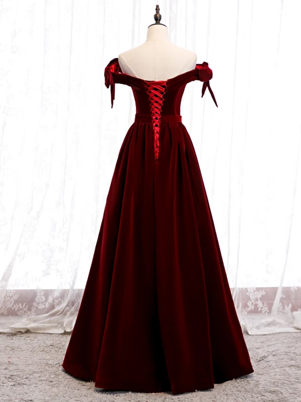 Affordable Burgundy Velour Winter Evening Dresses 2020 A-Line Princess Off-The-Shoulder