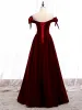Affordable Burgundy Velour Winter Evening Dresses  2020 A-Line / Princess Off-The-Shoulder Bow Short Sleeve Sash Floor-Length / Long Backless Formal Dresses