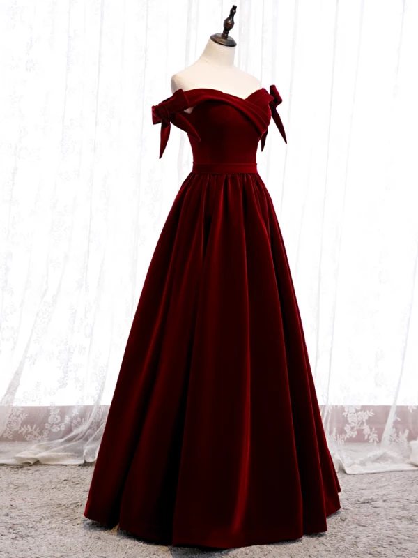 Affordable Burgundy Velour Winter Evening Dresses 2020 A-Line Princess Off-The-Shoulder