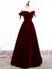 Affordable Burgundy Velour Winter Evening Dresses  2020 A-Line / Princess Off-The-Shoulder Bow Short Sleeve Sash Floor-Length / Long Backless Formal Dresses