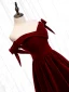Affordable Burgundy Velour Winter Evening Dresses  2020 A-Line / Princess Off-The-Shoulder Bow Short Sleeve Sash Floor-Length / Long Backless Formal Dresses