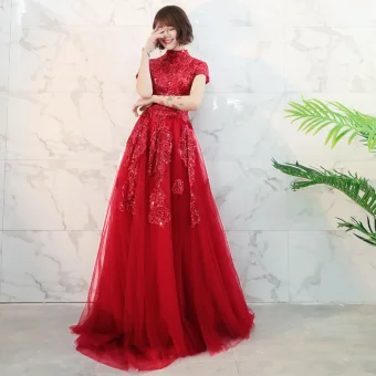 Style Chinois Rouge Robe De Bal 2018 Princesse Col Haut Manches Courtes Appliques En Dentelle Glitter Paillettes Tribunal Train Volants Dos Nu Robe De Ceremonie