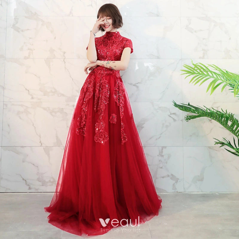 Chinese style Red Prom Dresses 2018 A Line Princess High Neck Short Sleeve Appliques Lace Glitter Sequins Court Train Ruffle Backless Formal Dresses