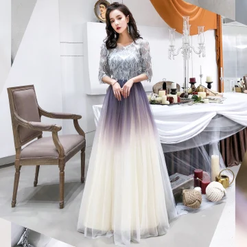 Chic Belle Violet Dégradé De Couleur Transparentes Robe De Soirée 2019 Princesse Encolure Dégagée 1 2 Manches Paillettes Gland Longue Volants Robe De Ceremonie