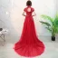 Chinese style Red Prom Dresses 2018 A-Line / Princess High Neck Short Sleeve Appliques Lace Glitter Sequins Court Train Ruffle Backless Formal Dresses