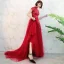 Chinese style Red Prom Dresses 2018 A-Line / Princess High Neck Short Sleeve Appliques Lace Glitter Sequins Court Train Ruffle Backless Formal Dresses