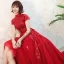 Chinese style Red Prom Dresses 2018 A-Line / Princess High Neck Short Sleeve Appliques Lace Glitter Sequins Court Train Ruffle Backless Formal Dresses
