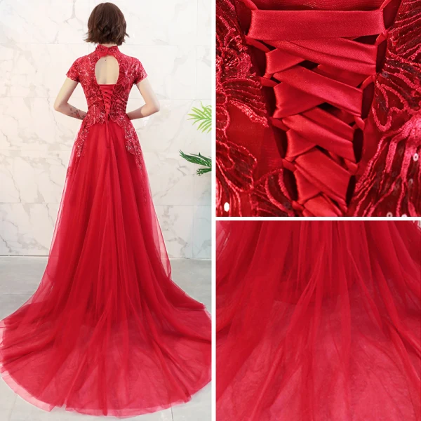 Chinese style Red Prom Dresses 2018 A-Line / Princess High Neck Short Sleeve Appliques Lace Glitter Sequins Court Train Ruffle Backless Formal Dresses