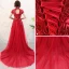 Chinese style Red Prom Dresses 2018 A-Line / Princess High Neck Short Sleeve Appliques Lace Glitter Sequins Court Train Ruffle Backless Formal Dresses