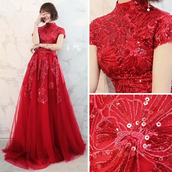 Chinese style Red Prom Dresses 2018 A-Line / Princess High Neck Short Sleeve Appliques Lace Glitter Sequins Court Train Ruffle Backless Formal Dresses