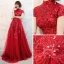 Chinese style Red Prom Dresses 2018 A-Line / Princess High Neck Short Sleeve Appliques Lace Glitter Sequins Court Train Ruffle Backless Formal Dresses