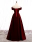 Schlicht Burgunderrot Velour Winter Abendkleider 2020 A Linie Off Shoulder Kurze Ärmel Lange Rüschen Rückenfreies Festliche Kleider