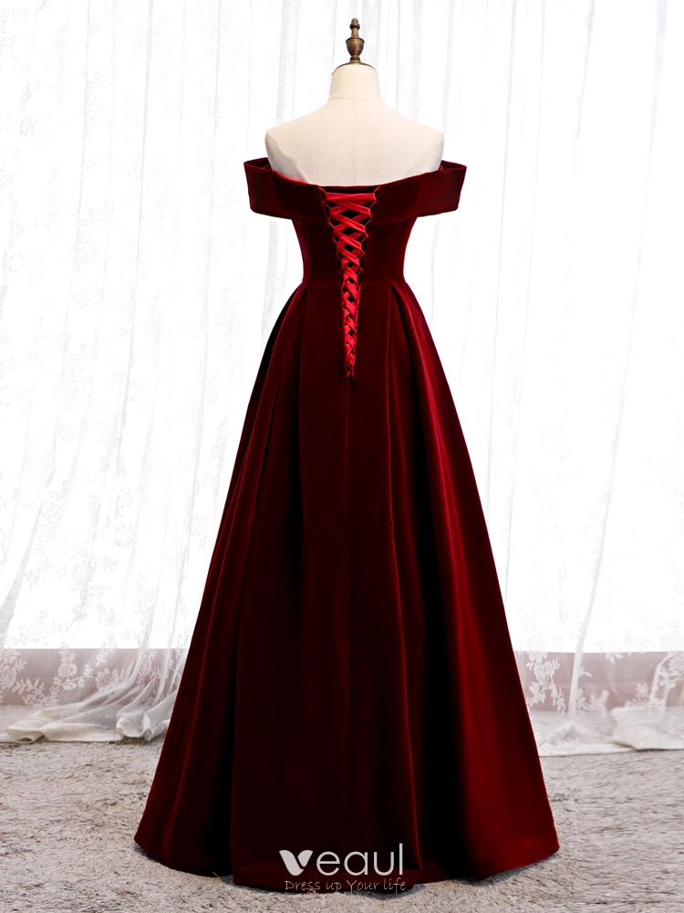 Modest / Simple Burgundy Velour Winter Evening Dresses 2020 A-Line / Princess Off-The-Shoulder Short Sleeve Floor-Length / Long Ruffle Backless Formal Modest / Simple Burgundy Velour Winter Evening Dresses 2020 A-Line / Princess Off-The-Shoulder Short Sleeve Floor-Length / Long Ruffle Backless Formal