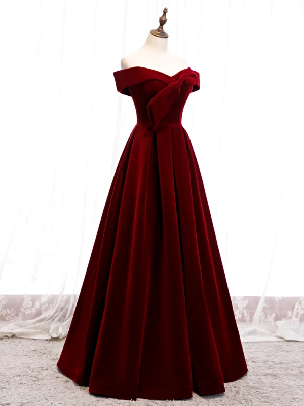 Schlicht Burgunderrot Velour Winter Abendkleider 2020 A Linie Off Shoulder Kurze Ärmel Lange Rüschen Rückenfreies Festliche Kleider