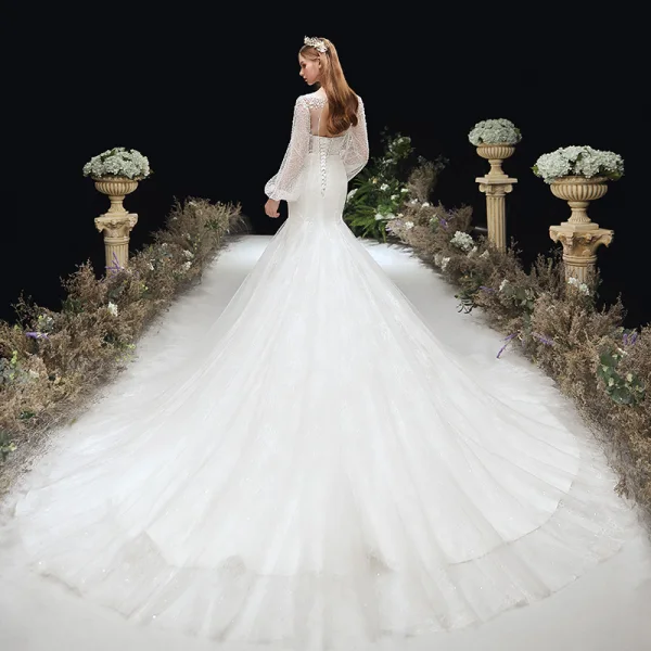 Victorian Style Ivory Bridal Wedding Dresses 2020 Trumpet / Mermaid See-through Scoop Neck Puffy Long Sleeve Backless Appliques Flower Glitter Tulle Chapel Train Ruffle