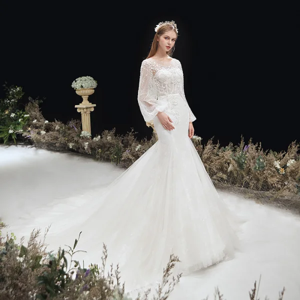 Victorian Style Ivory Bridal Wedding Dresses 2020 Trumpet / Mermaid See-through Scoop Neck Puffy Long Sleeve Backless Appliques Flower Glitter Tulle Chapel Train Ruffle