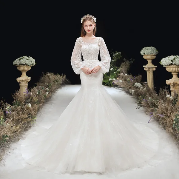 Victorian Style Ivory Bridal Wedding Dresses 2020 Trumpet / Mermaid See-through Scoop Neck Puffy Long Sleeve Backless Appliques Flower Glitter Tulle Chapel Train Ruffle