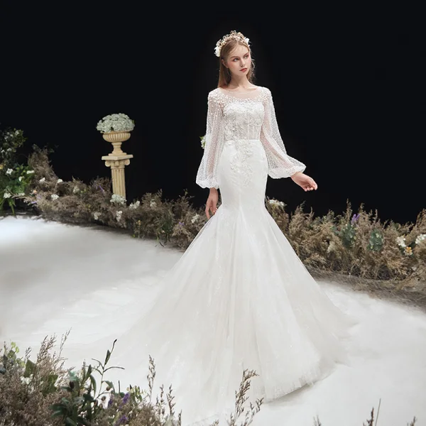 Victorian Style Ivory Bridal Wedding Dresses 2020 Trumpet / Mermaid See-through Scoop Neck Puffy Long Sleeve Backless Appliques Flower Glitter Tulle Chapel Train Ruffle
